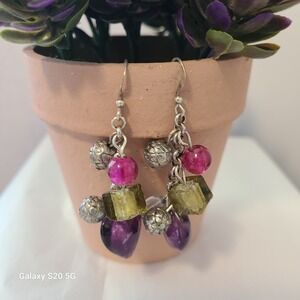 Dangle Earrings Silver Chain Purple Heart Pink Green Bead Earrings